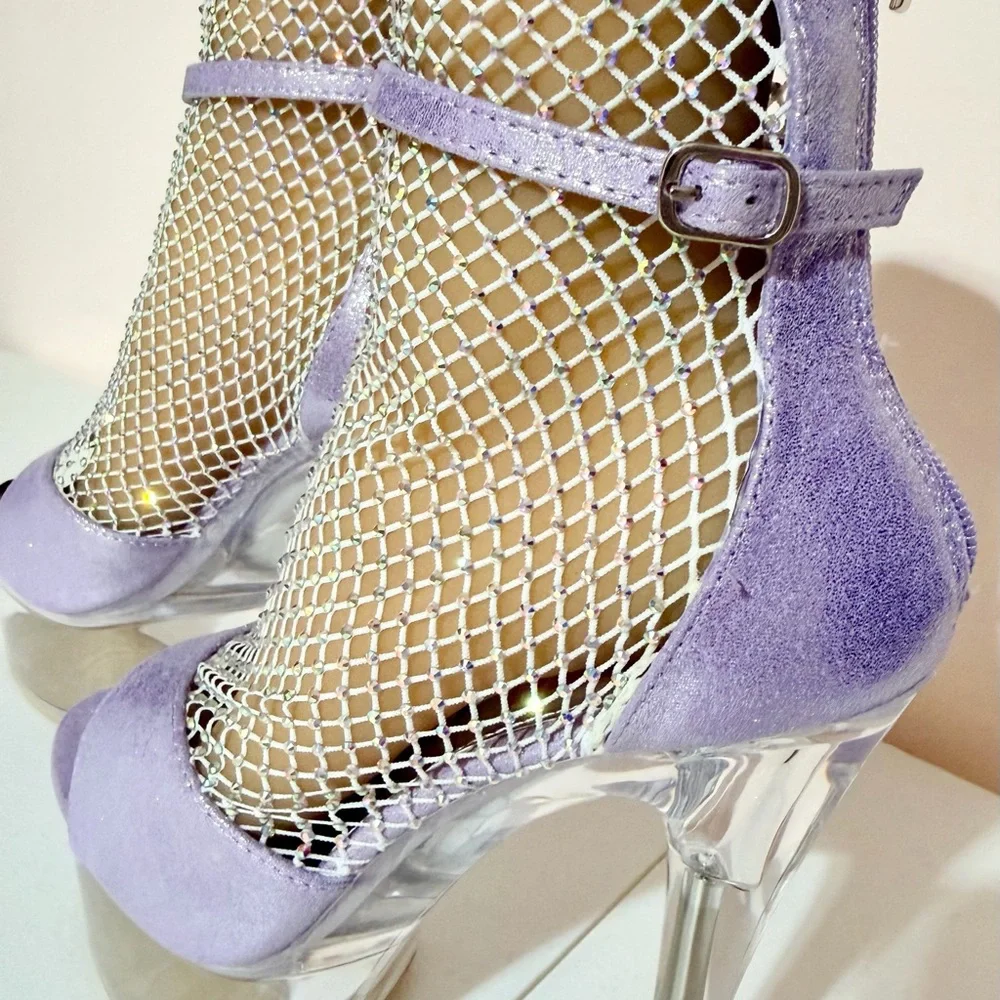 * Golden Bulls Lavender Mesh Rhinestones Clear 6” Heels